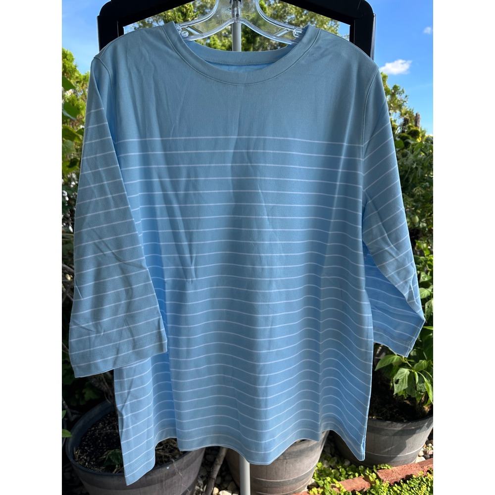 UltraSofts Women's XL Light Blue White Striped 3/4 Sleeve Crew Neck Top NEW
